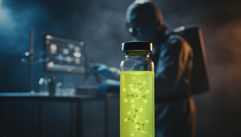 Primer plano de un vial con virus de diseño en un laboratorio oscuro bajo una luz dramática amarilla, concepto de conspiración farmacéutica.