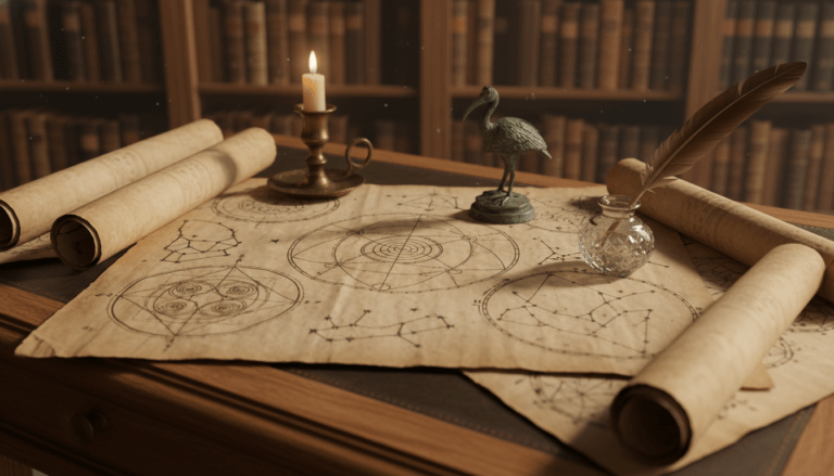 Escritorio de alquimista con manuscritos antiguos y geometría sagrada representando el Corpus Hermeticum de Hermes Trismegisto.