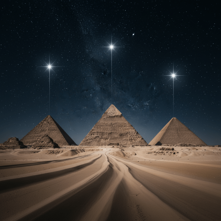 Las tres pirámides de Giza alineadas con las estrellas del cinturón de Orión en el cielo nocturno del desierto egipcio.