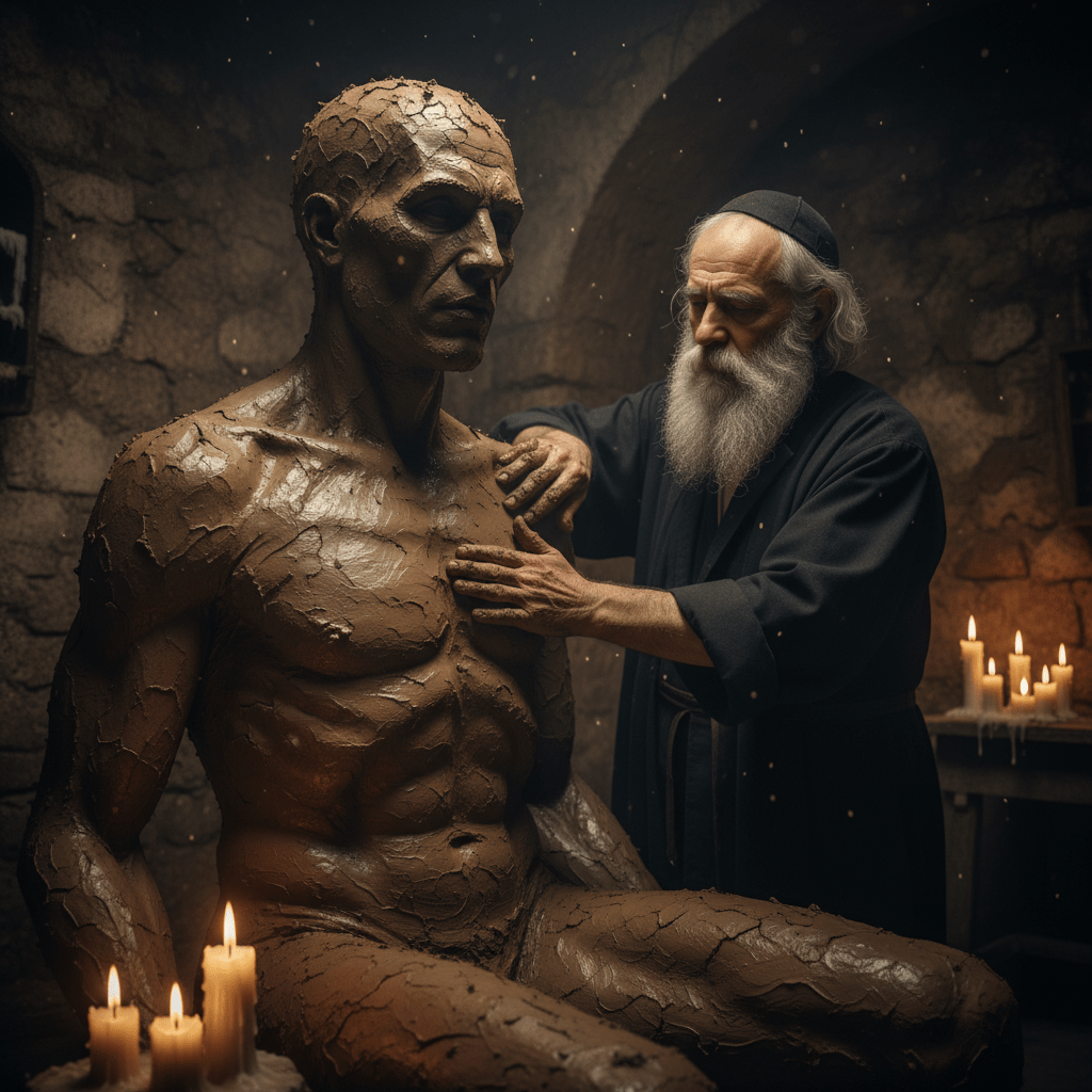 El rabino Judah Loew modelando al Golem de barro en un oscuro sótano del gueto de Praga, atmósfera mística de la Cábala.