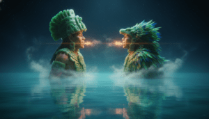 Representación artística de los dioses mayas Tepew y Q'ukumatz creando el mundo sobre el mar primordial según el Popol Vuh.