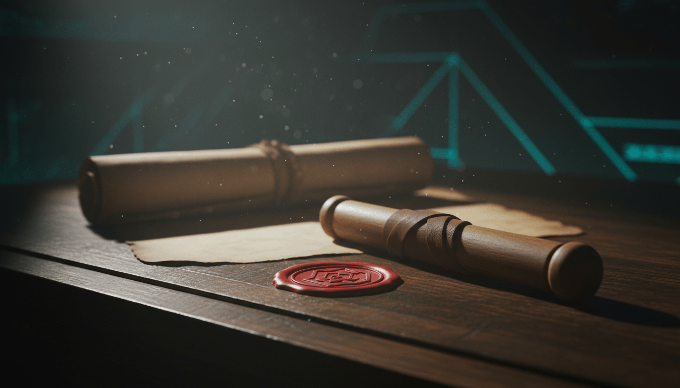 Bodegón de herramientas de criptografía clásica con pergamino, escítala espartana y luz digital evocando el secreto de las sociedades ocultas.