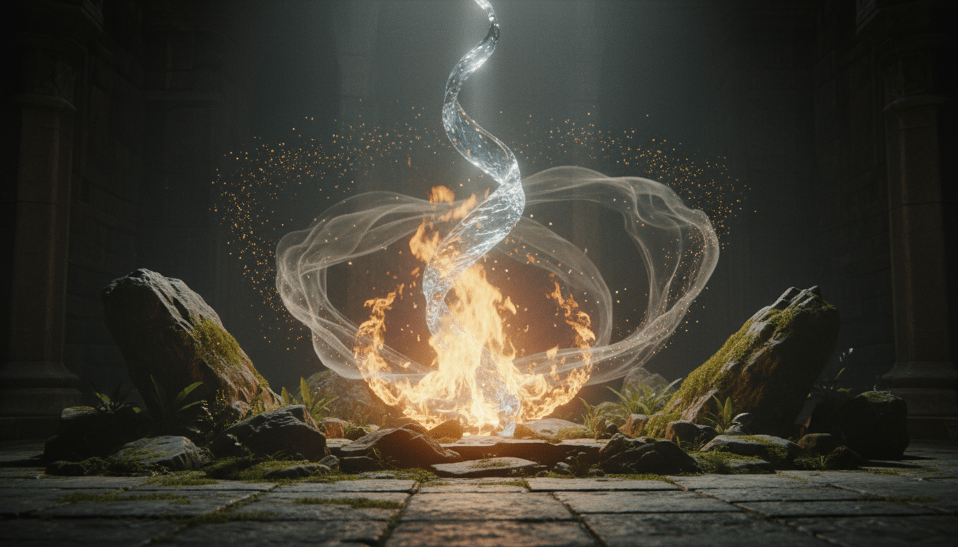 Representación artística y mística de los cuatro elementos primordiales fuego agua aire y tierra en equilibrio alquímico