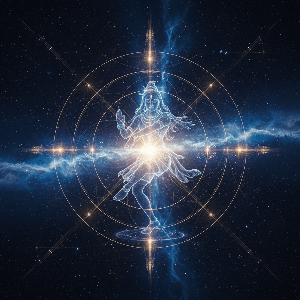 Ilustración conceptual de la danza de Shiva Nataraja integrada con rastros de partículas subatómicas y campos cuánticos.