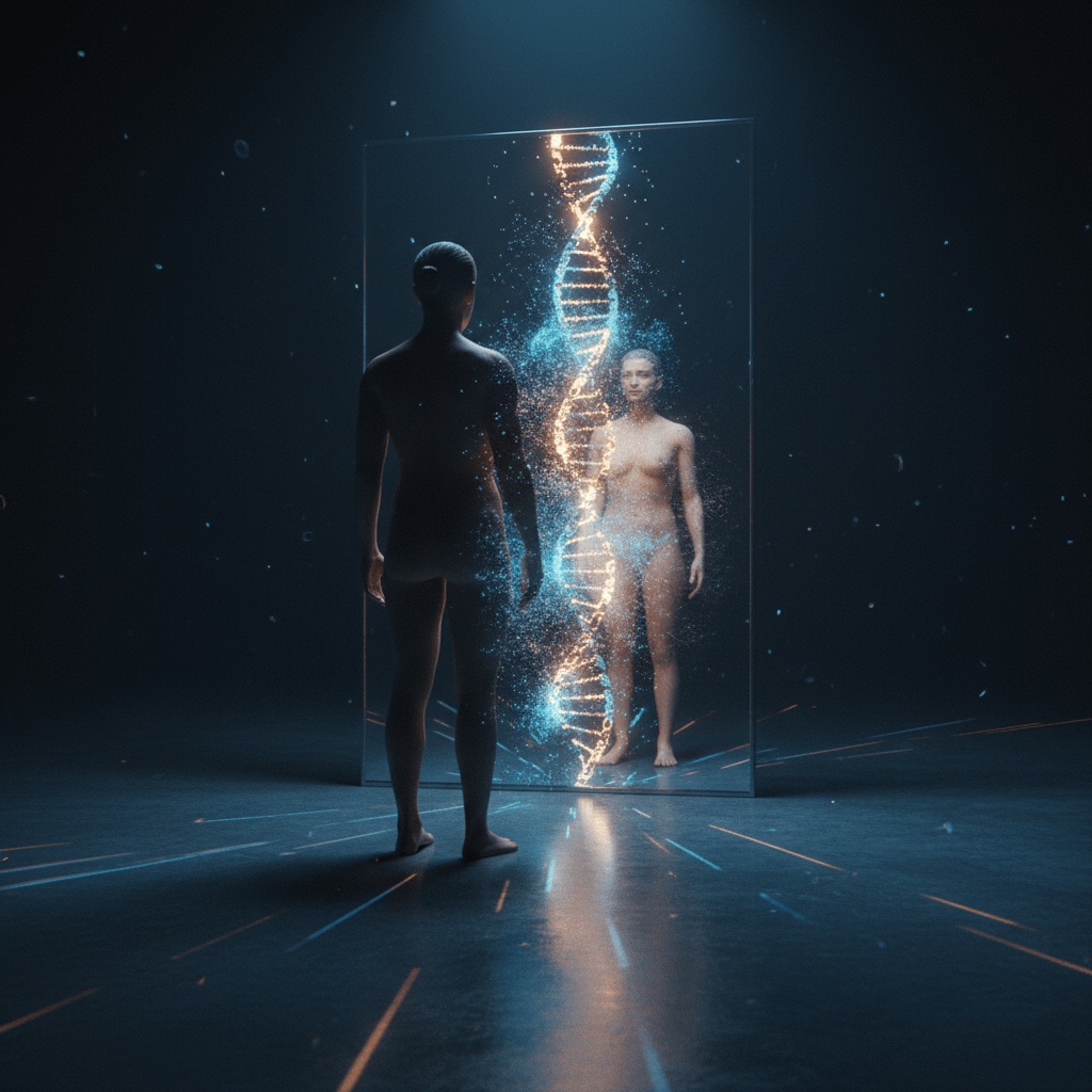 Imagen conceptual sobre la clonación humana mostrando un reflejo en un espejo transformándose en secuencias de ADN, simbolizando el debate ético.