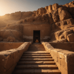 Entrada excavada en piedra de la tumba de Tutankamón KV62 en el Valle de los Reyes, Egipto, con iluminación dramática y arqueológica.