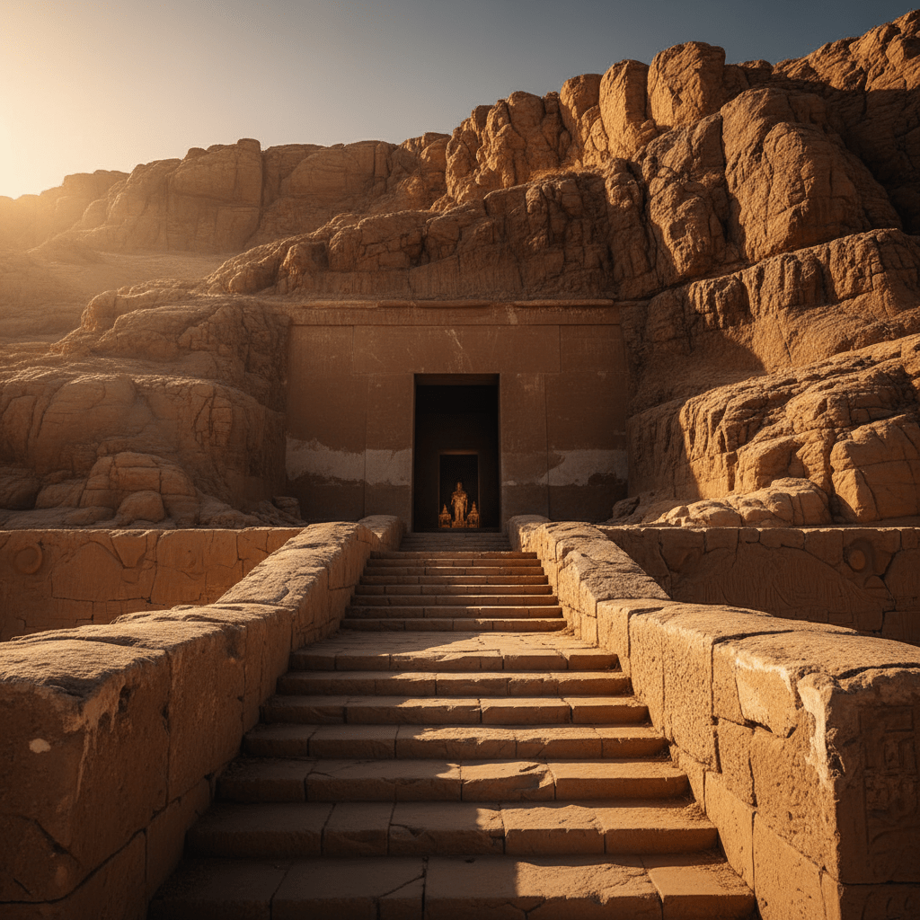 Entrada excavada en piedra de la tumba de Tutankamón KV62 en el Valle de los Reyes, Egipto, con iluminación dramática y arqueológica.
