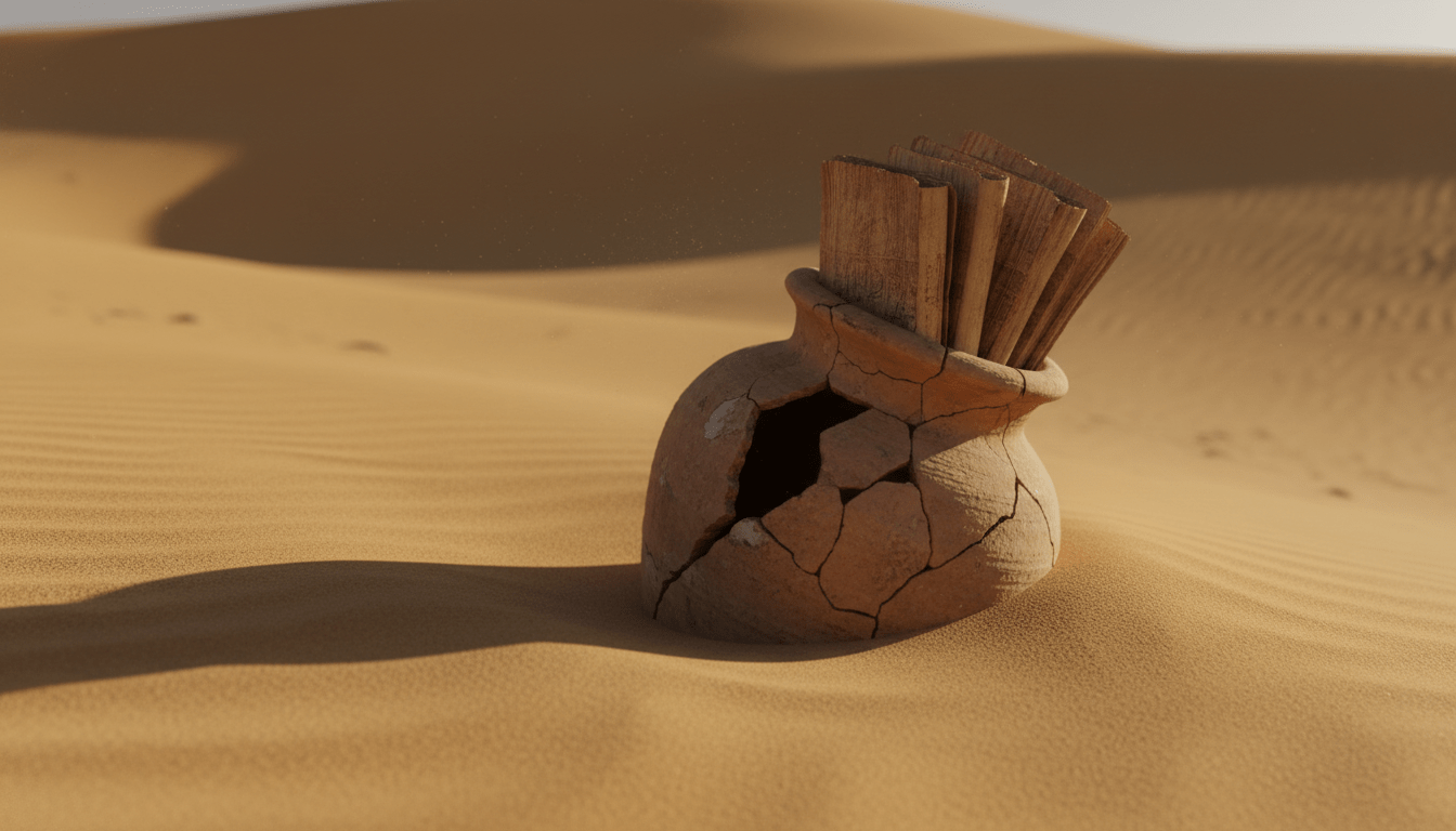 Primer plano de una vasija antigua con manuscritos de papiro de Nag Hammadi enterrada en la arena del desierto, representando el hallazgo de los evangelios apócrifos.