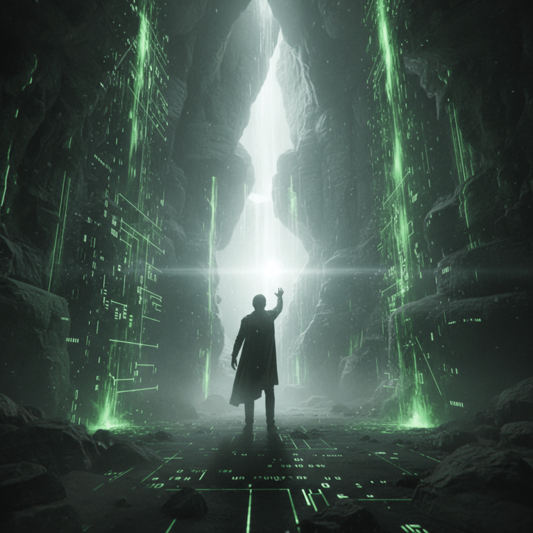 Representación artística del mito de la caverna de Platón en una estética de ciencia ficción digital y Matrix.