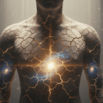 Representación artística del gnosticismo y la gnosis: una figura humana liberando luz divina desde su interior en un entorno místico.