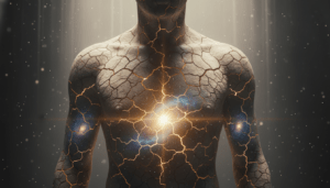 Representación artística del gnosticismo y la gnosis: una figura humana liberando luz divina desde su interior en un entorno místico.