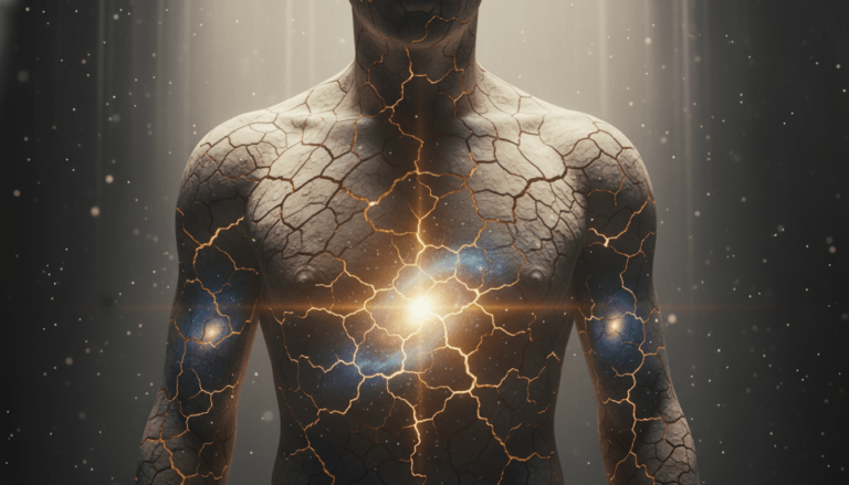 Representación artística del gnosticismo y la gnosis: una figura humana liberando luz divina desde su interior en un entorno místico.