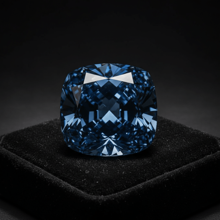 Primer plano del diamante Hope azul de 45.52 quilates sobre terciopelo negro con iluminación dramática.