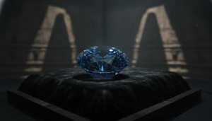 Primer plano del diamante Hope azul profundo sobre terciopelo negro con iluminación dramática y mística