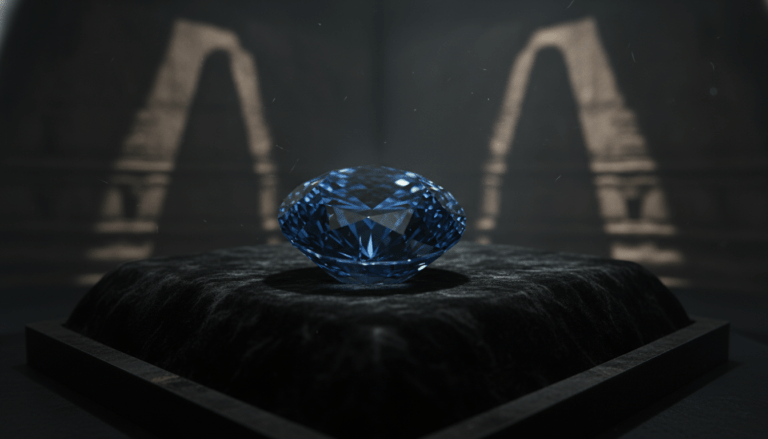 Primer plano del diamante Hope azul profundo sobre terciopelo negro con iluminación dramática y mística