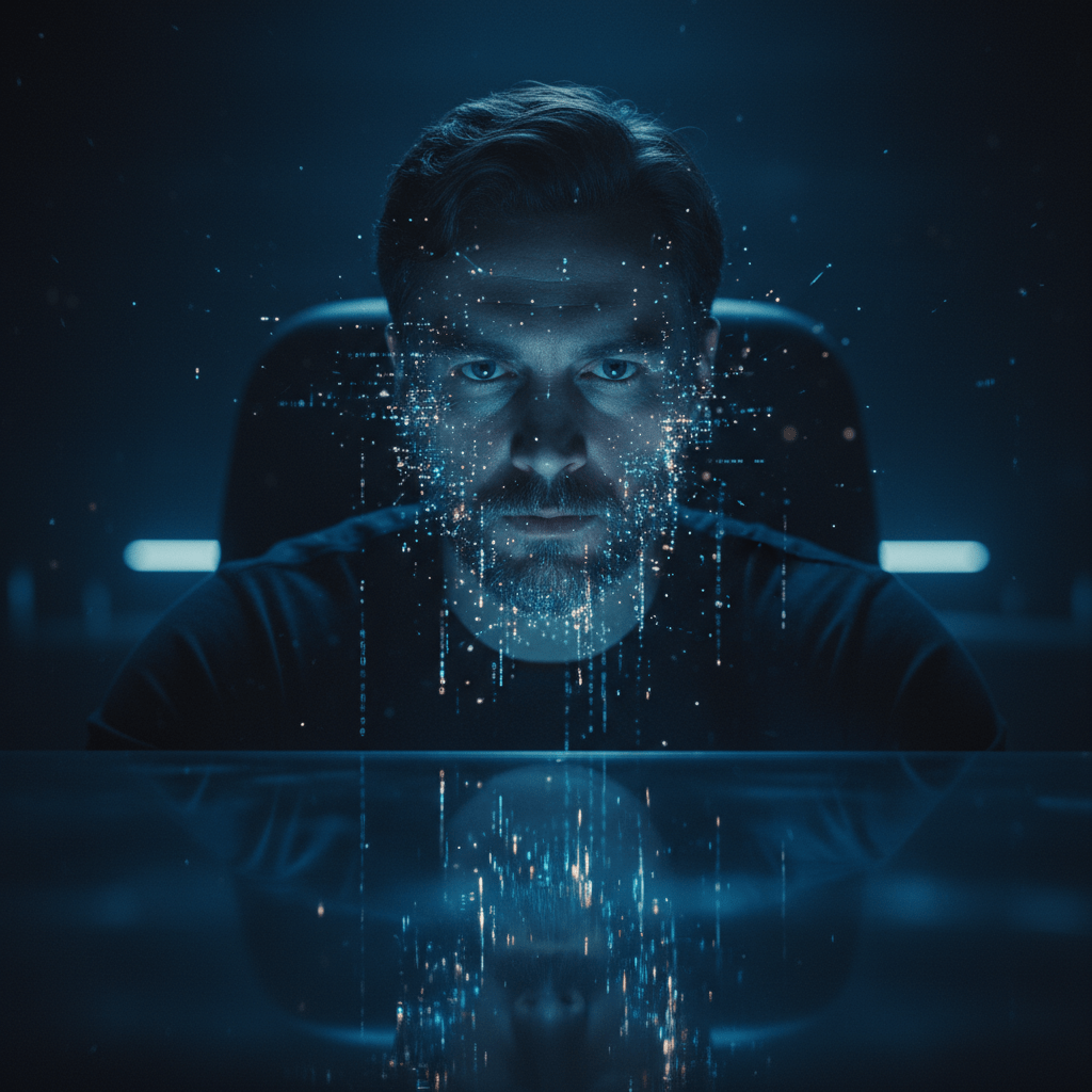 Representación conceptual de un doppelgänger digital compuesto por datos y luz frente a una persona en la oscuridad