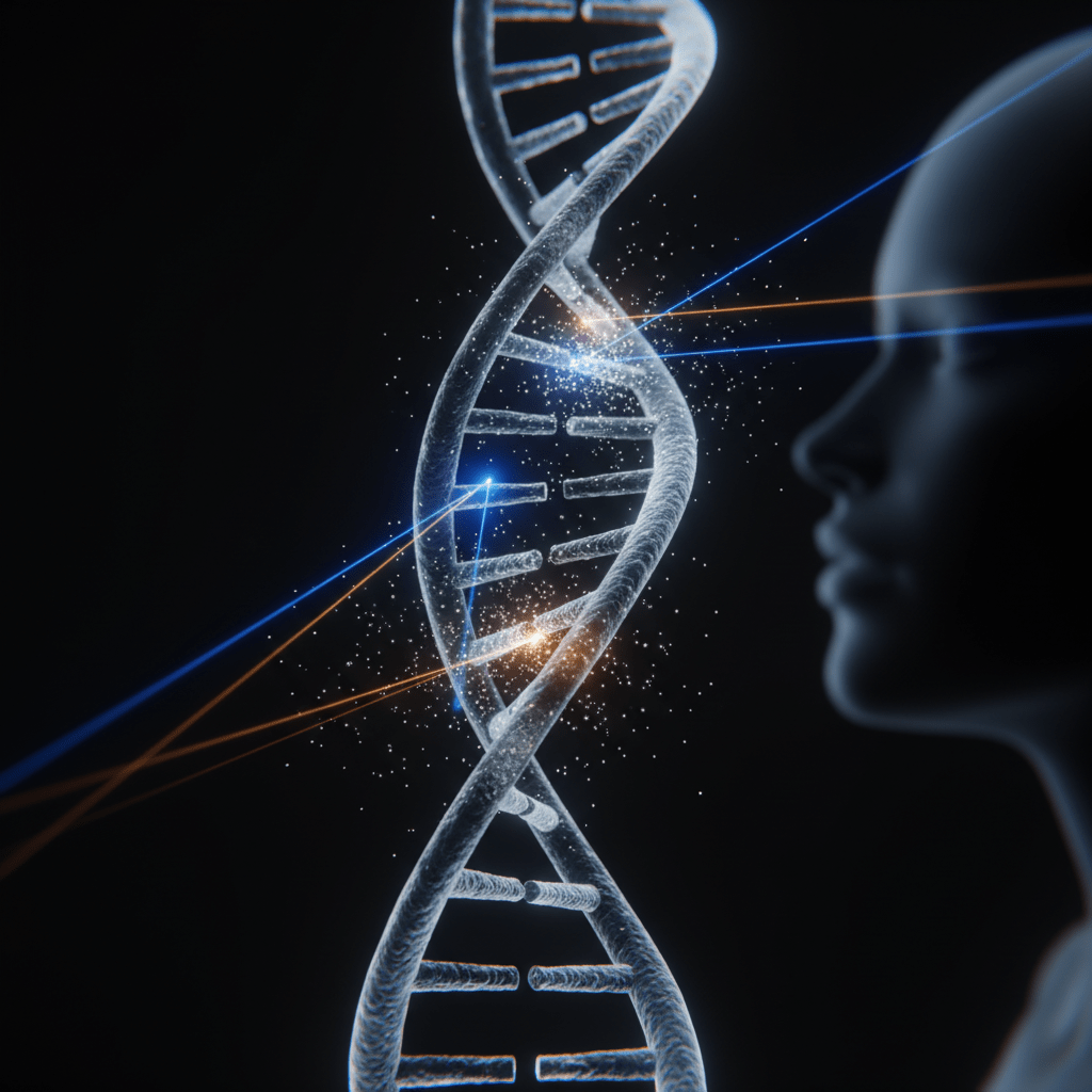 Primer plano de cadena de ADN siendo editada con tecnología CRISPR simbolizando la creación de humanos de diseño.
