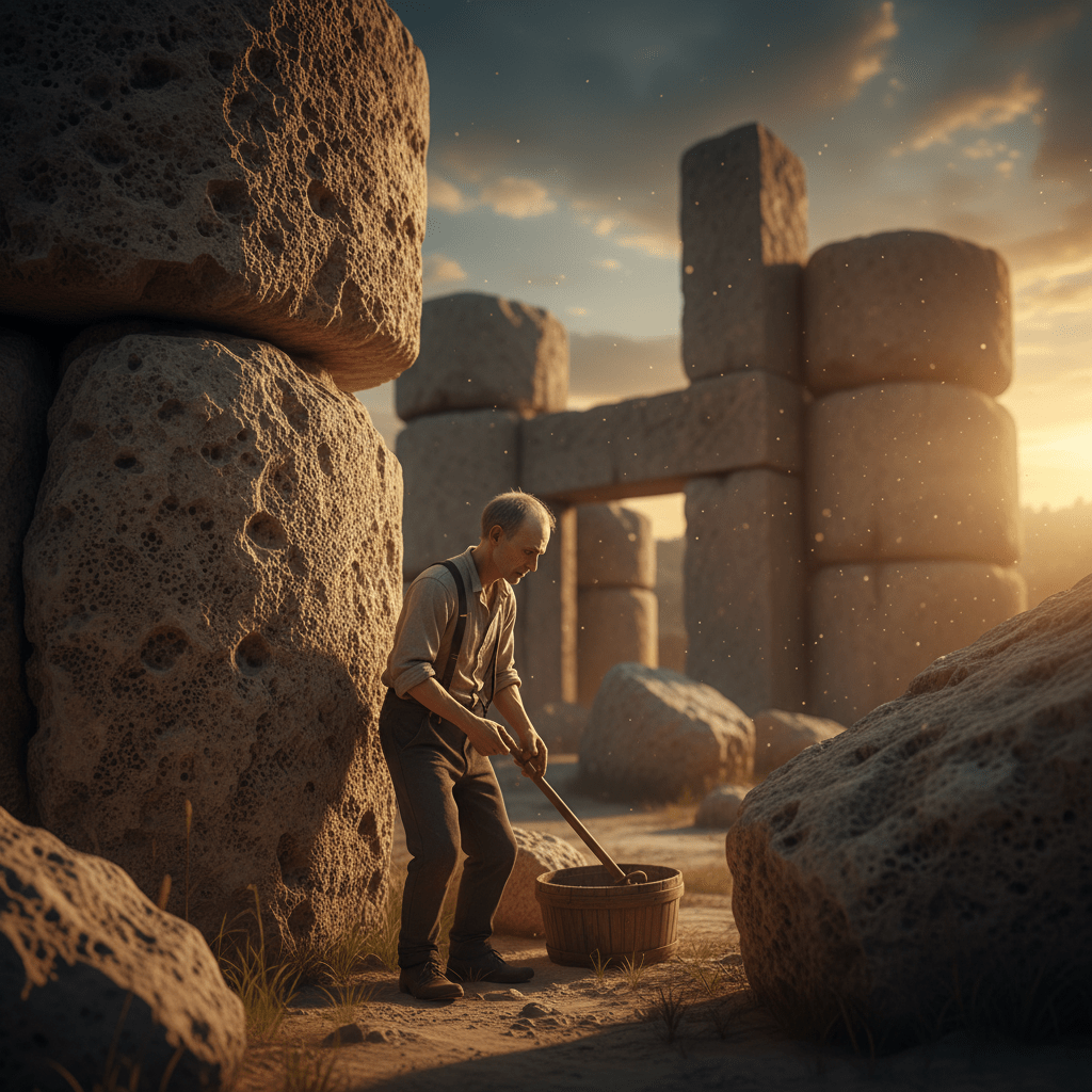 Edward Leedskalnin junto a los bloques gigantes de piedra caliza del Castillo de Coral en Florida.