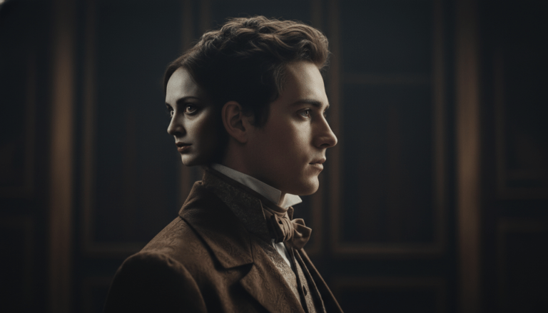 Retrato artístico de Edward Mordake mostrando su segundo rostro parásito en un entorno gótico victoriano de alta calidad.