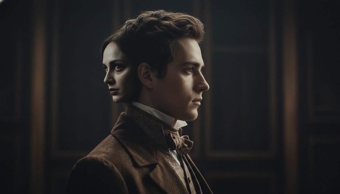 Retrato artístico de Edward Mordake mostrando su segundo rostro parásito en un entorno gótico victoriano de alta calidad.