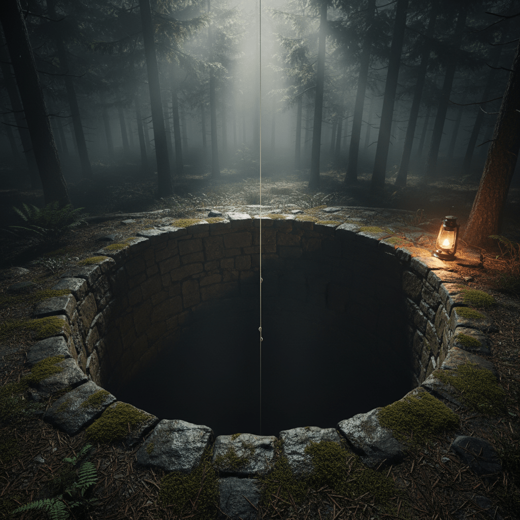 Recreación visual del misterioso Agujero de Mel en Washington, un pozo sin fondo rodeado de piedras en un bosque nocturno.