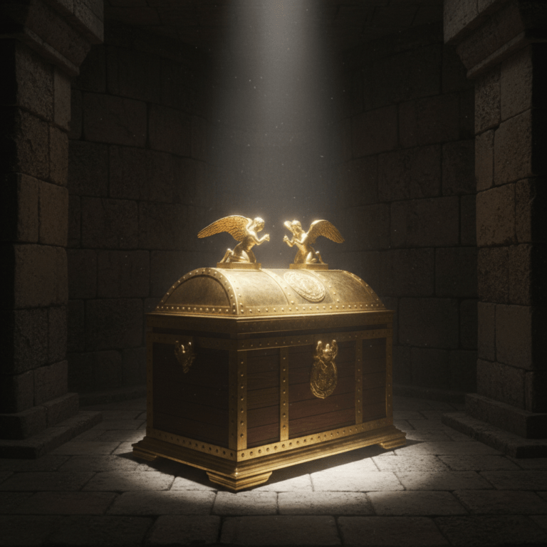 Representación artística y cinematográfica del Arca de la Alianza en una cámara secreta de piedra con iluminación dramática.