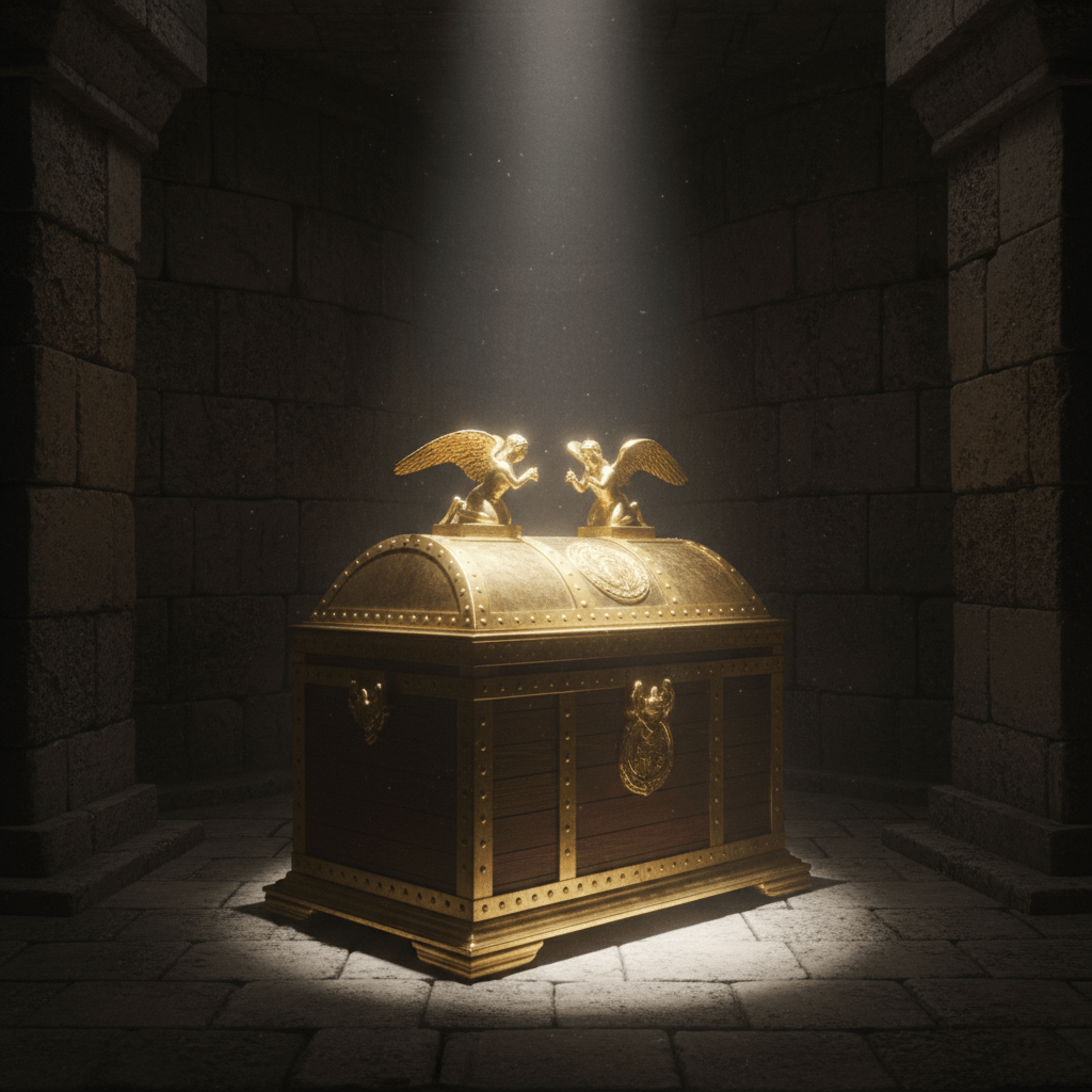 Representación artística y cinematográfica del Arca de la Alianza en una cámara secreta de piedra con iluminación dramática.