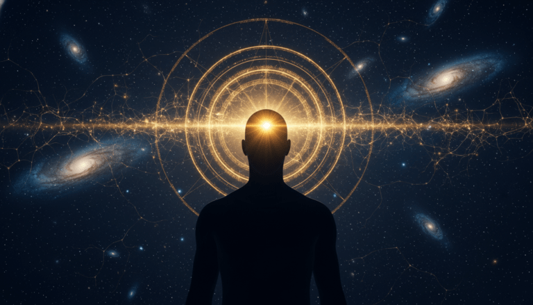 Persona frente a un portal cuántico y redes neuronales simbolizando el arte de interrogar al vacío y el sistema de activación reticular.