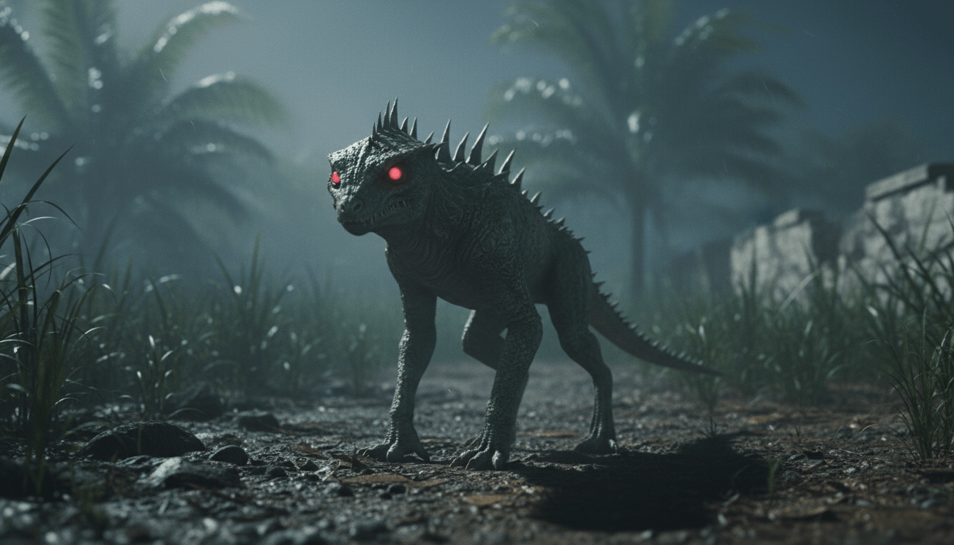 Recreación realista del Chupacabras original de Puerto Rico con ojos rojos y piel escamosa en un entorno rural nocturno