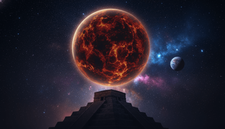 Ilustración artística del planeta Nibiru sobre un templo sumerio inspirado en el libro El Duodécimo Planeta de Zecharia Sitchin.