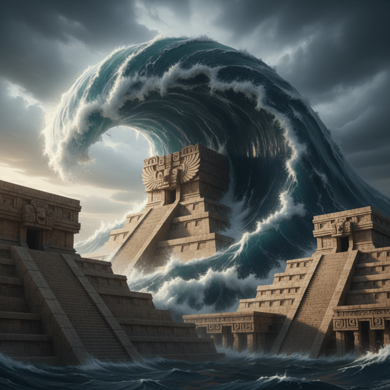 Ilustración cinematográfica del diluvio universal inundando una civilización antigua, representando la Gran Purga y el trauma de las aguas primordiales.