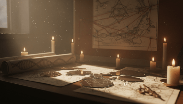 Representación conceptual y misteriosa del enigma del número 23 mediante patrones visuales, hilos rojos y elementos de investigación científica y mística.