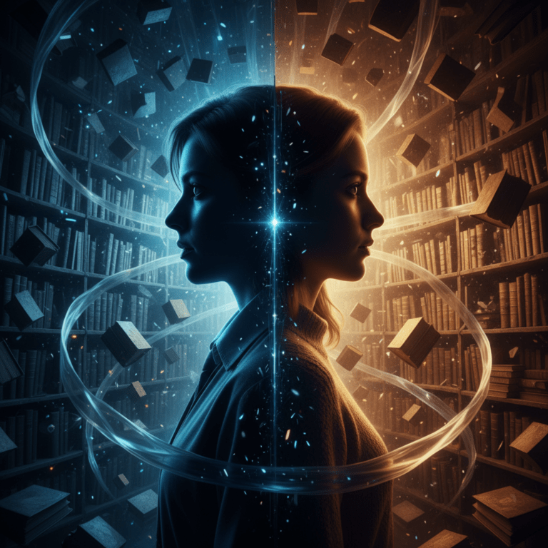 Ilustración conceptual del Efecto Mandela mostrando la distorsión de la memoria colectiva y realidades paralelas en una biblioteca surrealista.