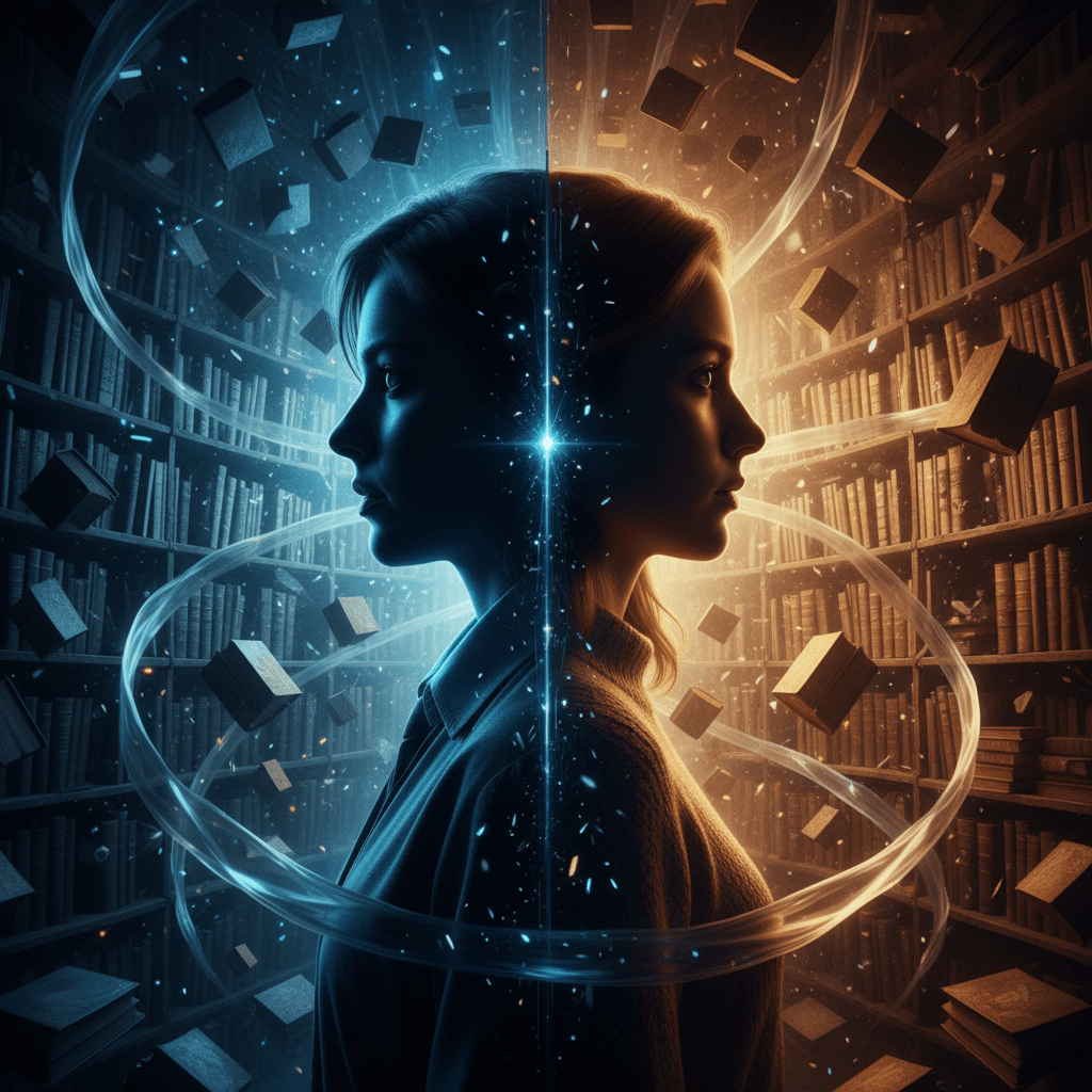 Ilustración conceptual del Efecto Mandela mostrando la distorsión de la memoria colectiva y realidades paralelas en una biblioteca surrealista.