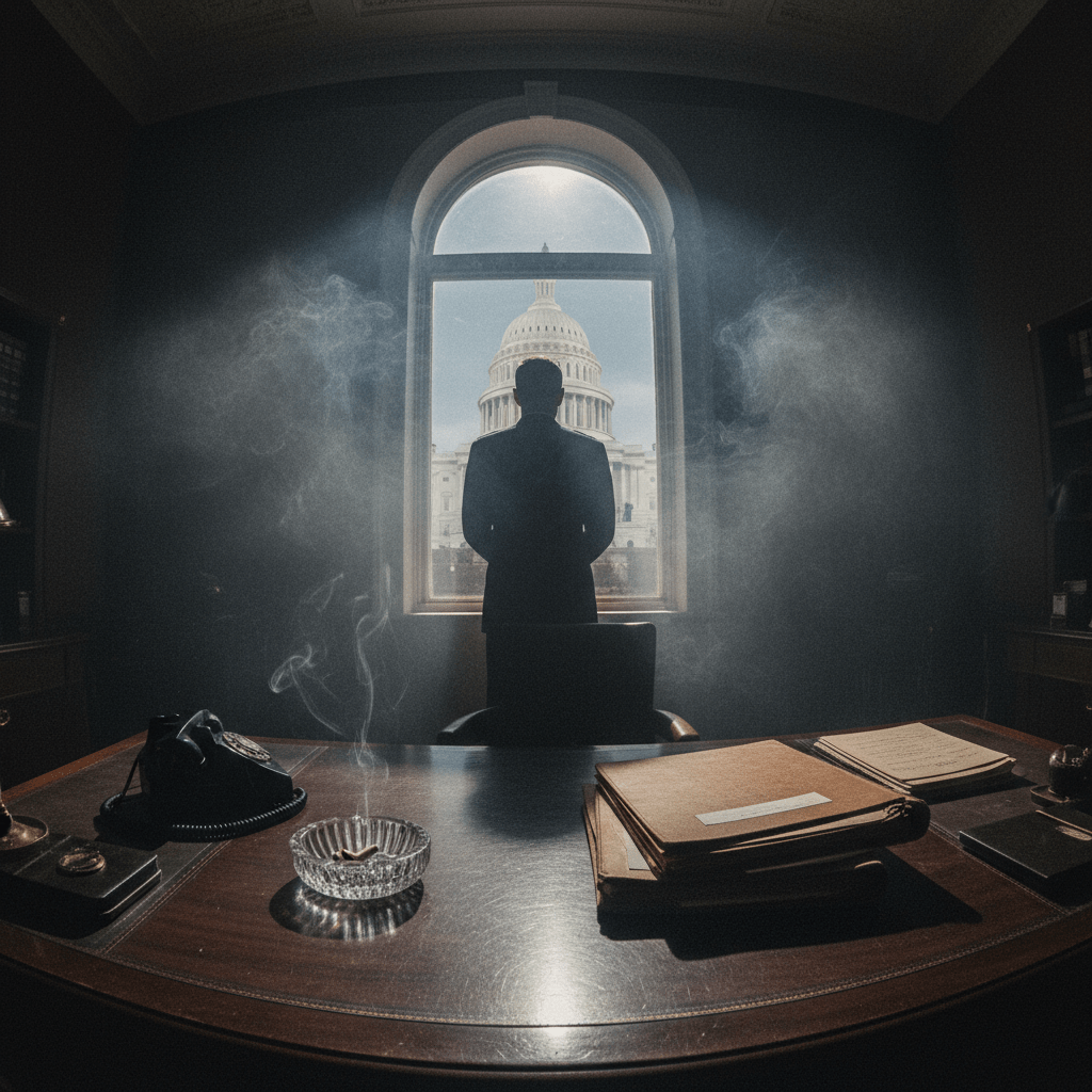 Representación artística de un oficial militar en una oficina gubernamental oscura simbolizando el poder encubierto de la CIA y el equipo secreto.