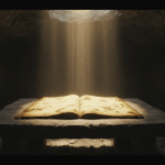 Manuscrito antiguo iluminado por luz divina en una cueva, representando el origen místico del Zohar y la Kabbalah.