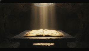 Manuscrito antiguo iluminado por luz divina en una cueva, representando el origen místico del Zohar y la Kabbalah.