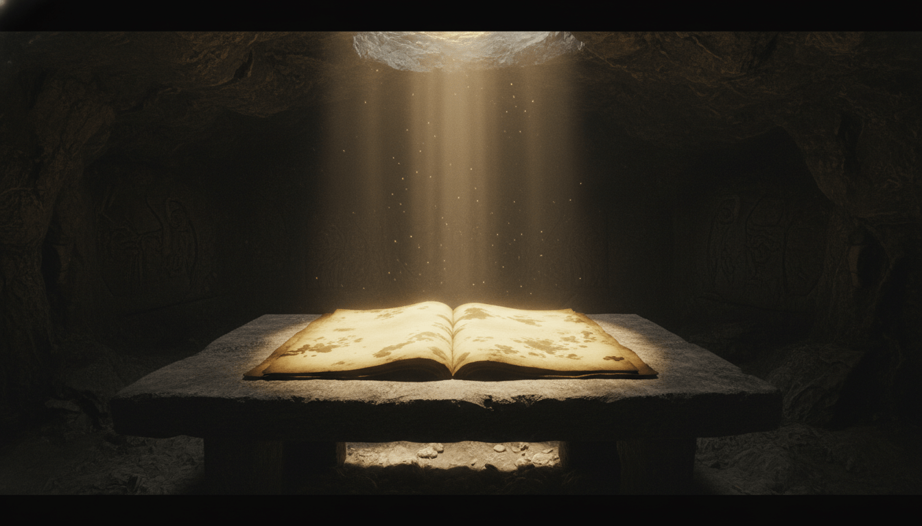 Manuscrito antiguo iluminado por luz divina en una cueva, representando el origen místico del Zohar y la Kabbalah.