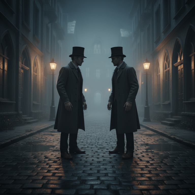 Representación visual de un doppelgänger en un callejón neblinoso simbolizando el presagio de muerte y el fenómeno del doble psicológico.