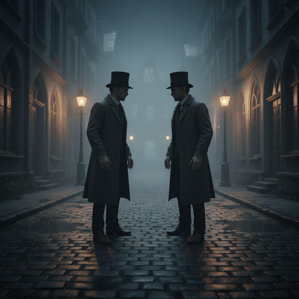 Representación visual de un doppelgänger en un callejón neblinoso simbolizando el presagio de muerte y el fenómeno del doble psicológico.