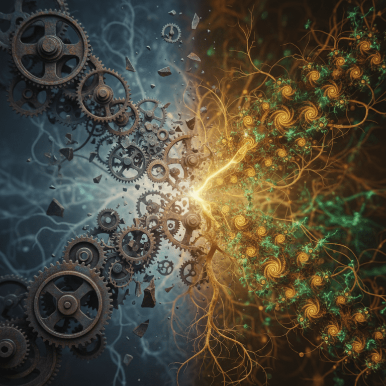 Ilustración conceptual del cambio de paradigma de la visión mecanicista a la visión sistémica y holística de Fritjof Capra.