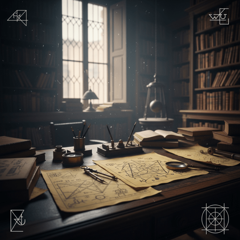 Escritorio antiguo con mapas, diagramas ocultistas y atmósfera de misterio intelectual inspirado en la novela El péndulo de Foucault.