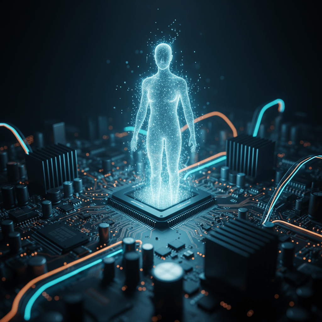 Representación artística de una entidad digital o fantasma emergiendo de circuitos de computadora brillantes, simbolizando la conciencia en la inteligencia artificial.
