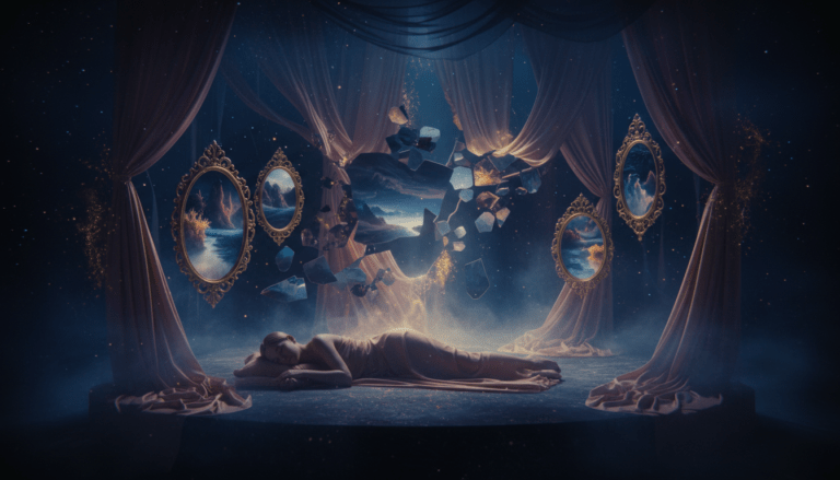Representación visual fotorrealista del análisis de los sueños, el inconsciente y los arquetipos de Carl Jung en el teatro de la mente.