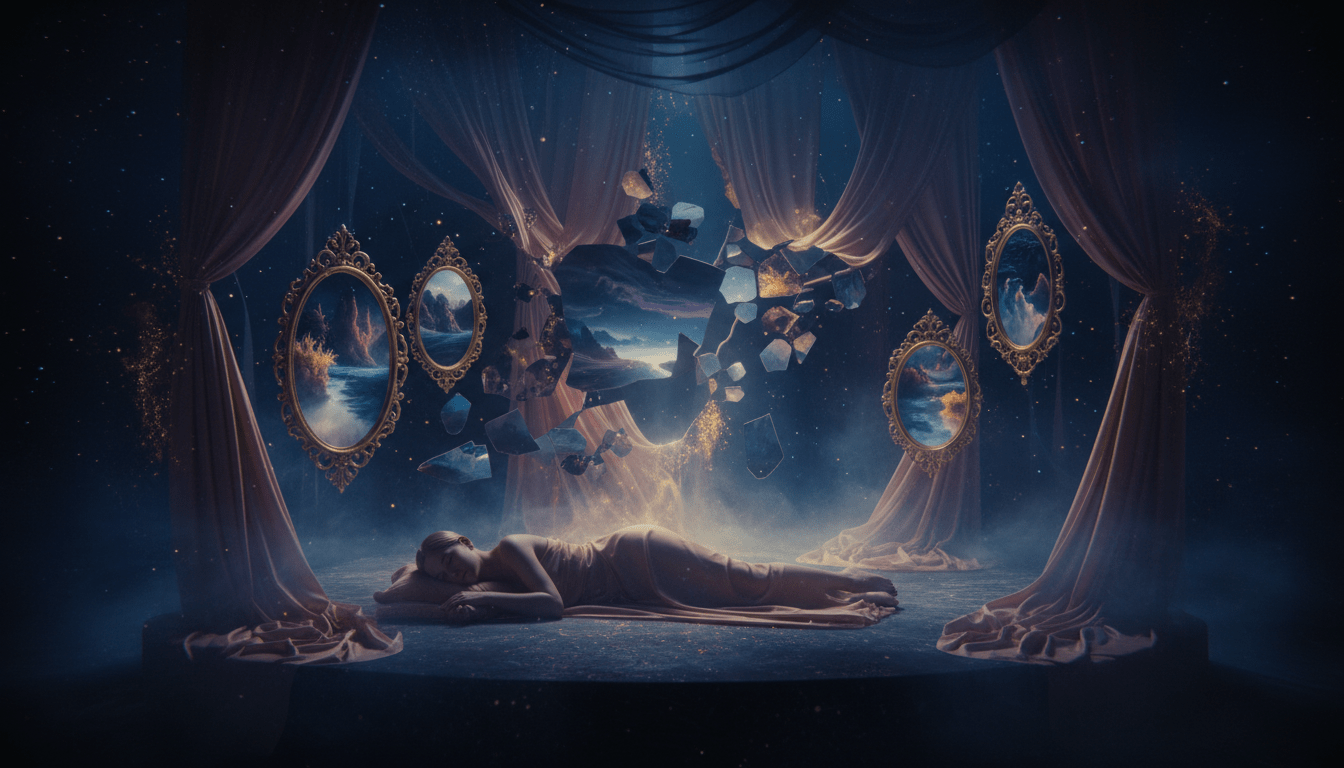 Representación visual fotorrealista del análisis de los sueños, el inconsciente y los arquetipos de Carl Jung en el teatro de la mente.