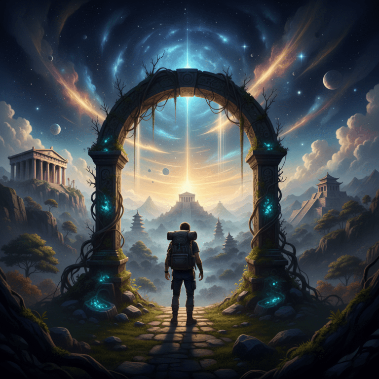 Representación visual del monomito de Joseph Campbell: un héroe frente al umbral de un viaje mítico y psicológico.