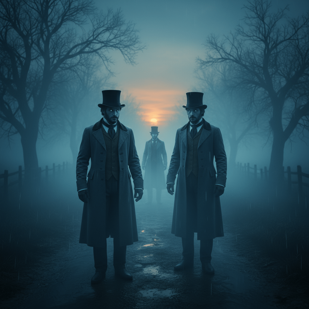 Ilustración realista de un encuentro con un doppelgänger en un entorno histórico nebuloso, representando el misterio de la dualidad humana.