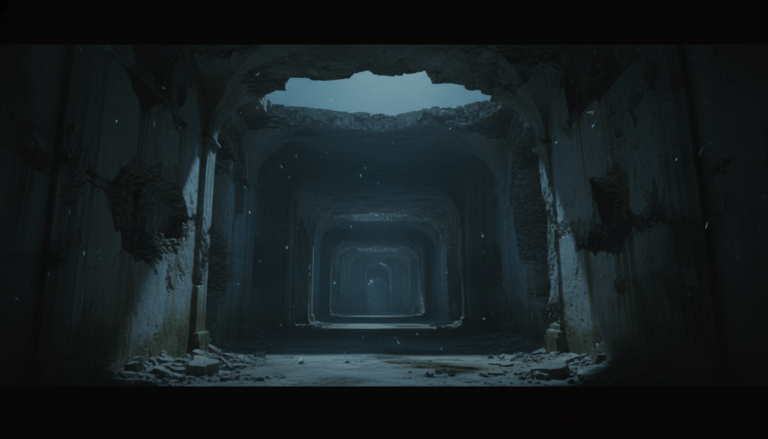 Interior de ruinas de piedra con atmósfera densa y sombras misteriosas que representan la energía residual y la teoría del registro de piedra.