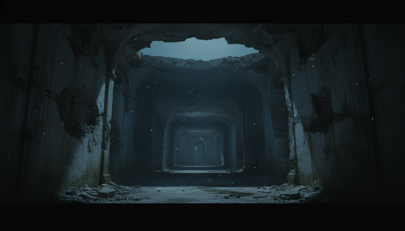 Interior de ruinas de piedra con atmósfera densa y sombras misteriosas que representan la energía residual y la teoría del registro de piedra.