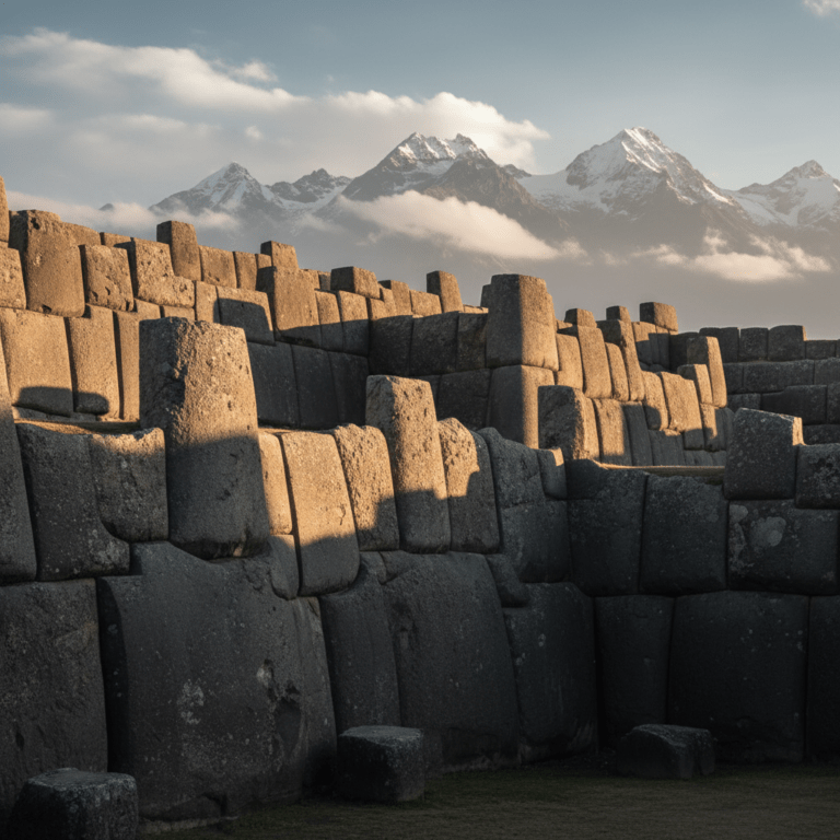 Muros megalíticos de Sacsayhuamán en los Andes mostrando precisión tecnológica ancestral según las teorías de Robert Charroux.